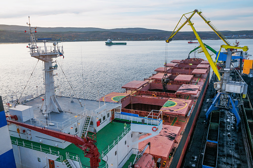 Industrial cranes load bulk cargo into bulk carrier holds in a seaport.