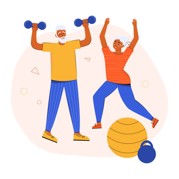 An active elderly couple doing sports together at home. Grandparents lead a healthy lifestyle. Active seniors training in gym. Seniors people train using dumbbells and do gymnastics, stretching. An active elderly couple doing sports together at home. Grandparents lead a healthy lifestyle. Active seniors training in gym. Seniors people train using dumbbells and do gymnastics, stretching. weight illustrations stock illustrations