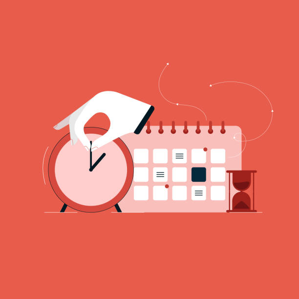 mali zaman yönetimi kavramı, zaman kontrolü ve proje yönetimi illüstrasyon, takvim ve saat ile günlük planlayıcısı - zaman illüstrasyonlar stock illustrations
