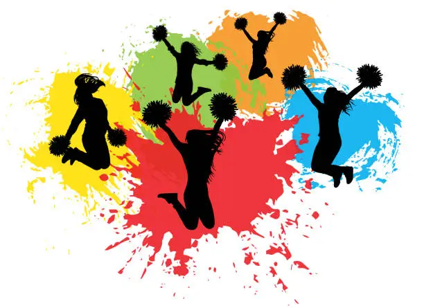 Vector illustration of Jumping cheerleaders with pompoms on background of colorful splash (blots), silhouettes. Vector illustration