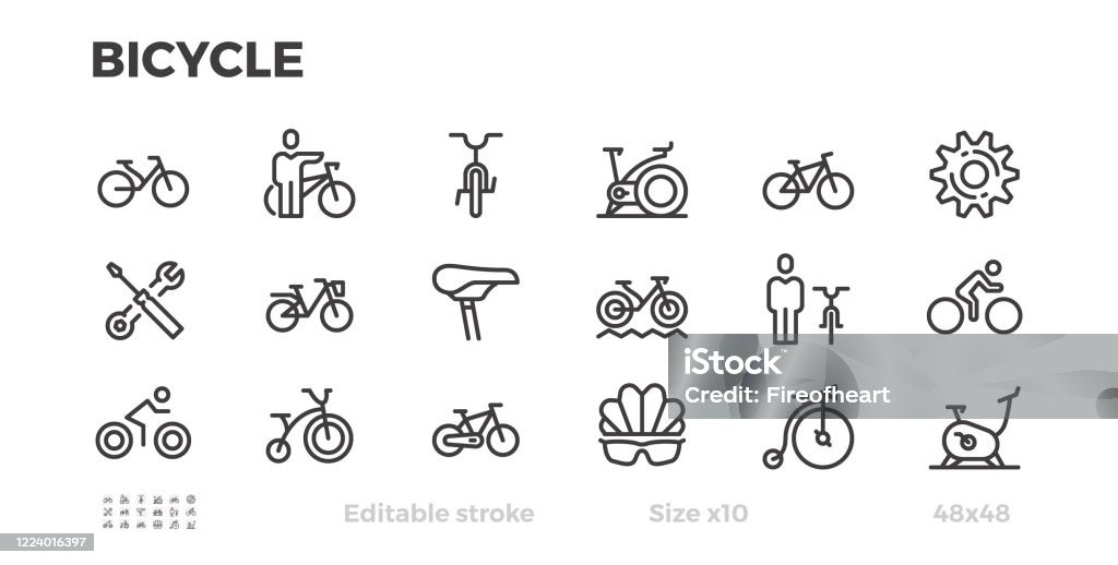 De pictogrammen van de fiets. Fietsen, Wielen, fiets, fiets uitrusting. Bewerkbare slag. - Royalty-free Fietsen vectorkunst