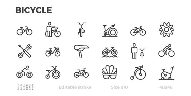Bicycle icons. Cycling, Wheels, bike, cyclist equipment. Editable stroke. Bicycle icons. Cycling, Wheels, bike, cyclist equipment. Editable stroke. bicycle symbols stock illustrations