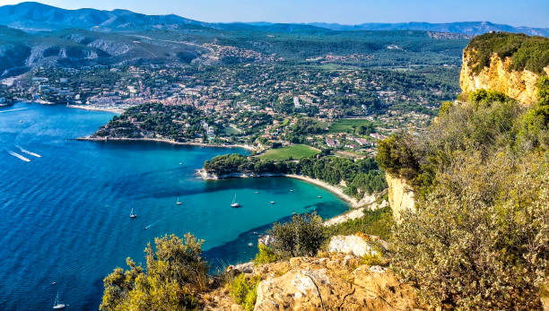 The creeks of the city of Cassis seen from the crest road stock photo