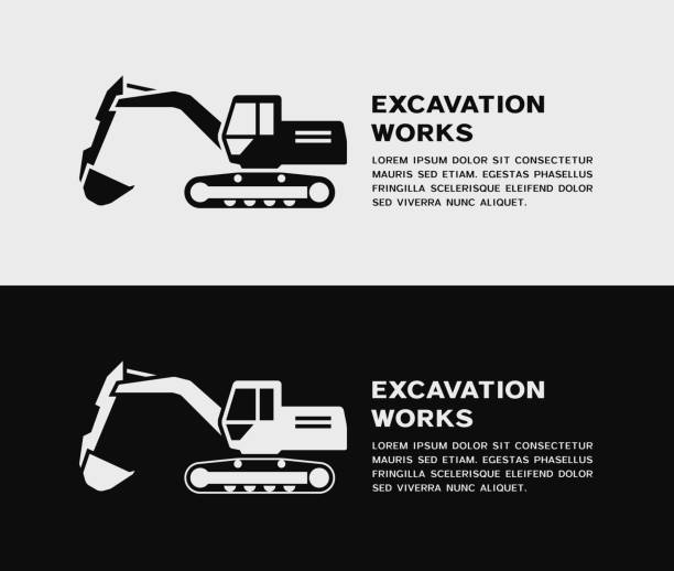 Vector black and white excavator icon vector art illustration