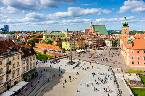 Warsaw, Poland - August 24, 2017: Panoramic view of Castle Square in Warsaw, Poland. The column commemorating King Sigismund III of Poland erected in 1644 is the first secular monument in the form of a column in modern history.