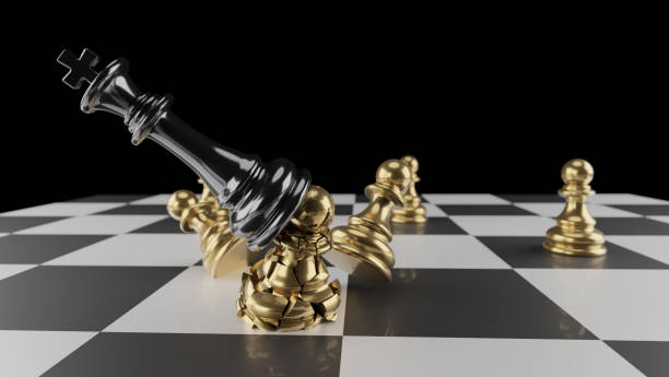 istock Black and gold chess battle, Chess victory king game, Checkmate strategy competition and battle of chess game concept, 3d render. 1224019892