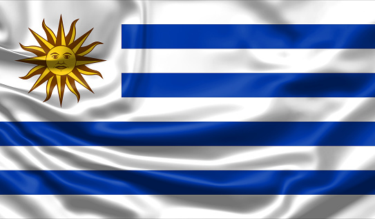 Realistic flag. Uruguay flag blowing in the wind. Background silk texture. 3d illustration.