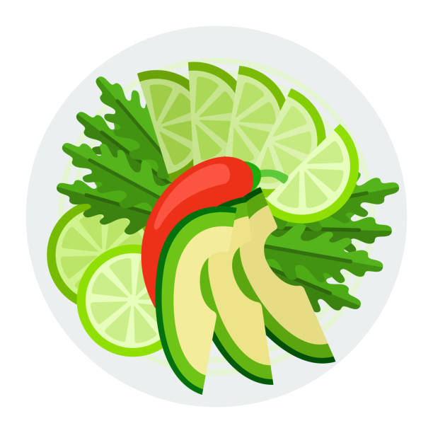 ilustraciones, imágenes clip art, dibujos animados e iconos de stock de icono vectorial de rúcula y aguacate aislado plano - arugula salad plant leaf