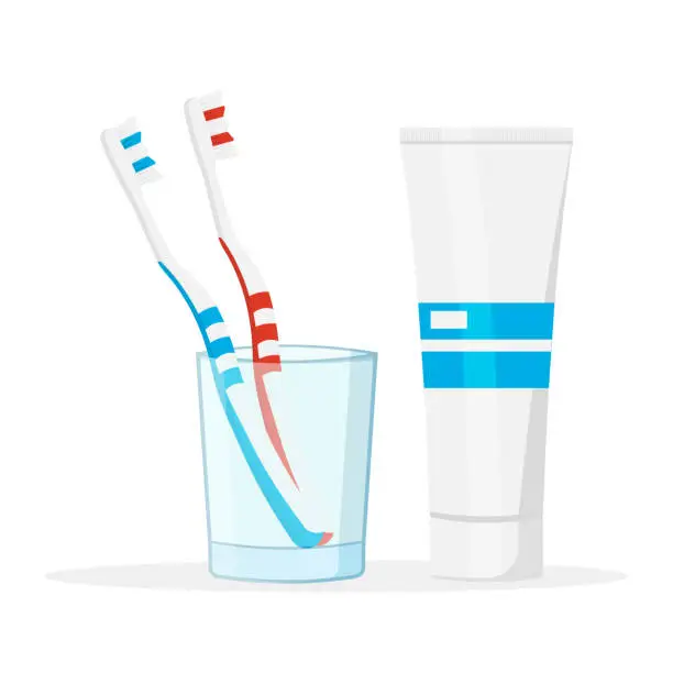 Vector illustration of Pair of toothbrushes in a glass with tube of toothpaste isolated on background. Vector illustration.