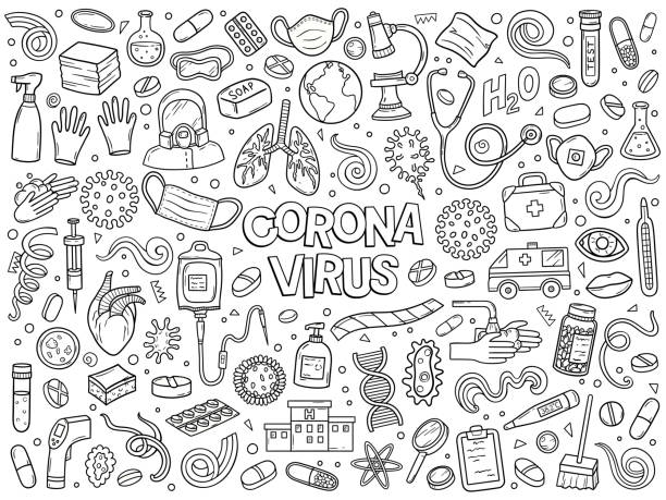 illustrazioni stock, clip art, cartoni animati e icone di tendenza di doodle vettoriale disegnato a mano dell'epidemia di coronavirus covid-19. stile input penna - farmaco illustrazioni