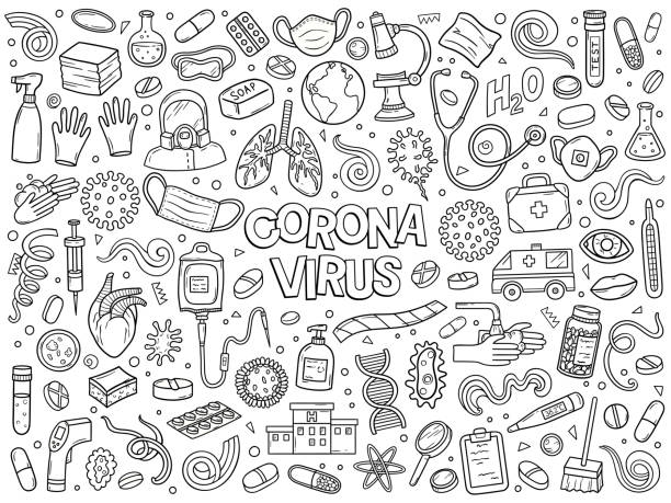 Hand drawn vector doodle set of Coronavirus Covid-19 outbreak. Ink style Hand drawn vector doodle set of Coronavirus Covid-19 outbreak. Ink style sketch illustration with Healthcare and quarantine symbols. medicine drawings stock illustrations
