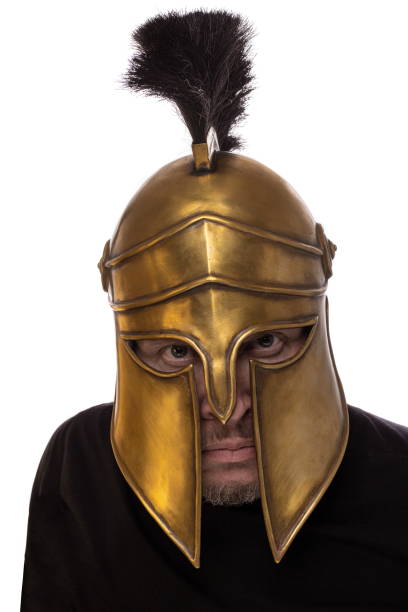 istock Man in historical copy helmet Spartan warrior on a white background 1224026299