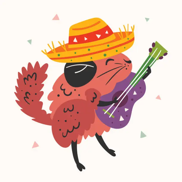 Vector illustration of Little funny cute soft chinchilla in sombrero with guitar. Mexican theme. Festival. Cartoon animal. Fiesta. Party. Music. Flat colourful vector illustration, art isolated on white background.