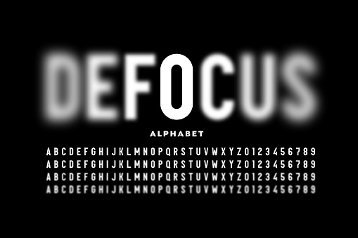 Font design with focused and defocused eletters, alphabet letters and numbers vector illustration