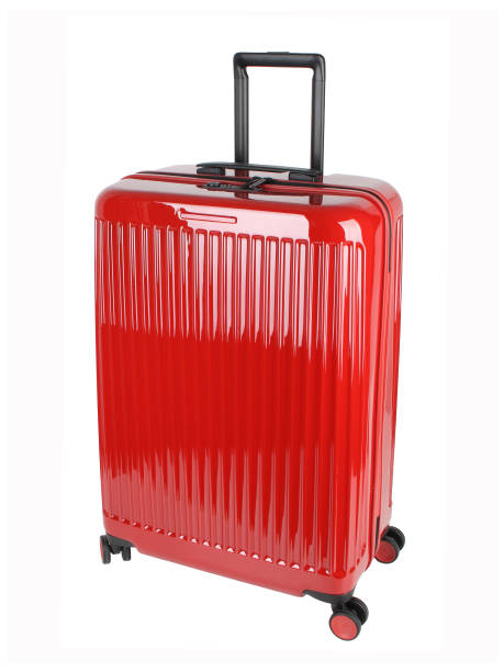 istock Red plastic travel suitcase isolated on white 1224030041