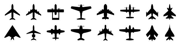 Set plane icons, different historical airplane, passenger airplanes, aircraft. Airliner model top view – stock vector Set plane icons, different historical airplane, passenger airplanes, aircraft. Airliner model top view – stock vector airplane commercial airplane propeller airplane aerospace industry stock illustrations