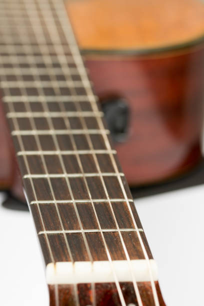 istock Acoustic guitar neck with frets with blurred background 1224030347