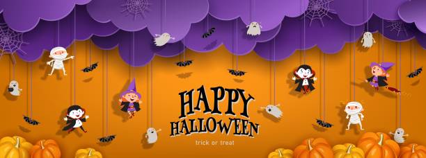 ilustraciones, imágenes clip art, dibujos animados e iconos de stock de estandarte de halloween con bruja, vampiro, fantasma, murciélago, calabaza en papel - running mummified horror spooky