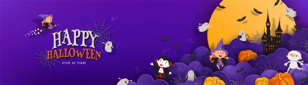 ilustraciones, imágenes clip art, dibujos animados e iconos de stock de bandera de halloween con nubes, bruja, vampiro, fantasma, murciélago, castillo en papel - running mummified horror spooky