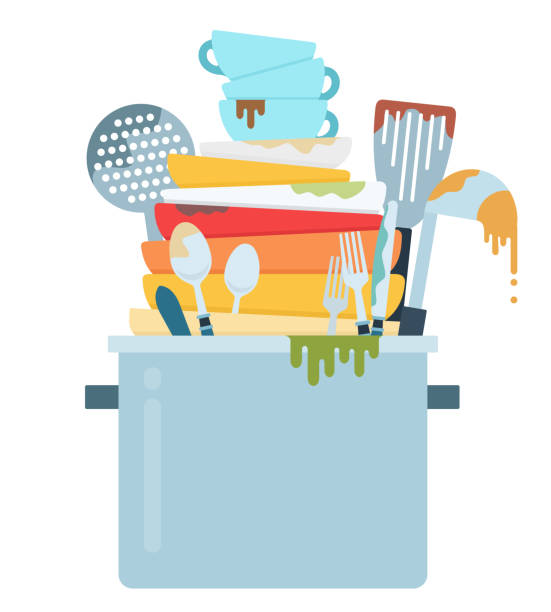 ilustraciones, imágenes clip art, dibujos animados e iconos de stock de montaña de platos sucios icono vectorial plano aislado - silverware clean wet kitchen utensil