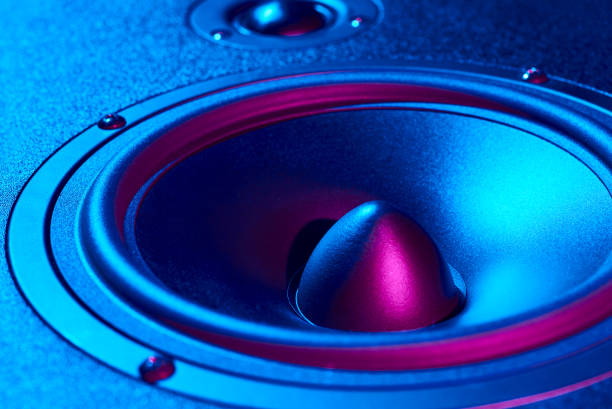 istock Sound audio speaker with neon lights. Dynamic monitor close up. Creative backgroound 1224031419