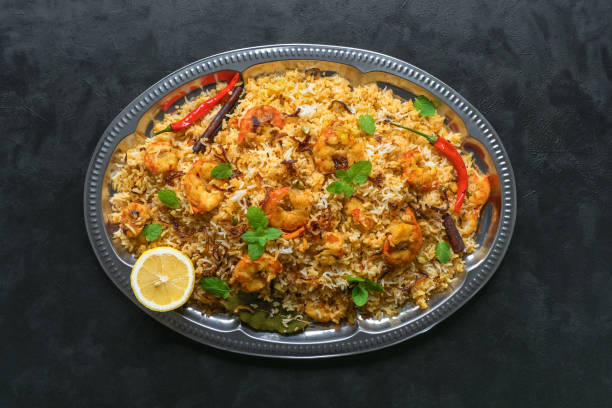 istock Biryani with shrimp. Tasty and delicious prawns biryani, top view 1224032500
