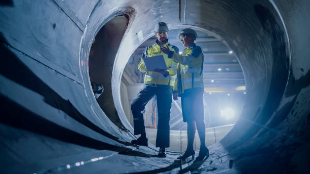 istock Two Heavy Industry Engineers Walking Inside Pipe, Use Laptop, Have Discussion, Checking Design. Construction of the Oil, Natural Gas and Biofuels Transport Pipeline. Industrial Manufacturing Factory 1224034038