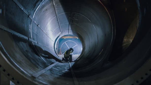 istock Professional Heavy Industry Welder Working Inside Pipe, Wears Helmet and Starts Welding. Construction of the Oil, Natural Gas and Fuels Transport Pipeline. Industrial Manufacturing Factory. 1224034041