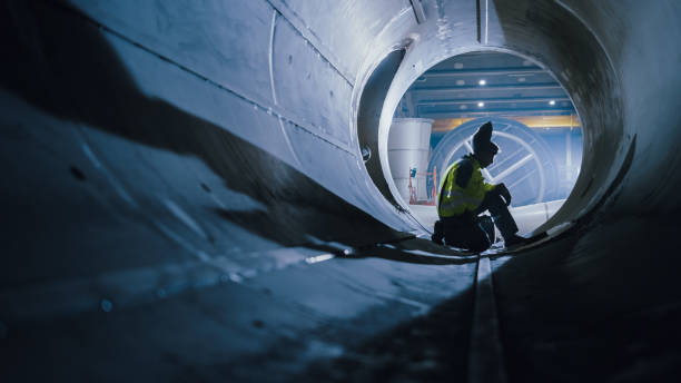 istock Professional Heavy Industry Welder Working Inside Pipe, Wears Helmet and Starts Welding. Construction of the Oil, Natural Gas and Fuels Transport Pipeline. Industrial Manufacturing Factory. 1224034068