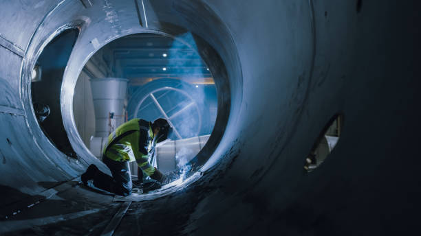 soudeur professionnel de l’industrie lourde travaillant à l’intérieur de pipe, porte le casque et commence le soudage. construction du pipeline de transport de pétrole, de gaz naturel et de carburants. usine de fabrication industrielle - industry welding welder manufacturing photos et images de collection