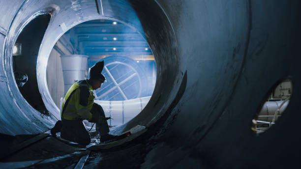 istock Professional Heavy Industry Welder Working Inside Pipe, Wears Helmet and Starts Welding. Construction of the Oil, Natural Gas and Fuels Transport Pipeline. Industrial Manufacturing Factory 1224034077