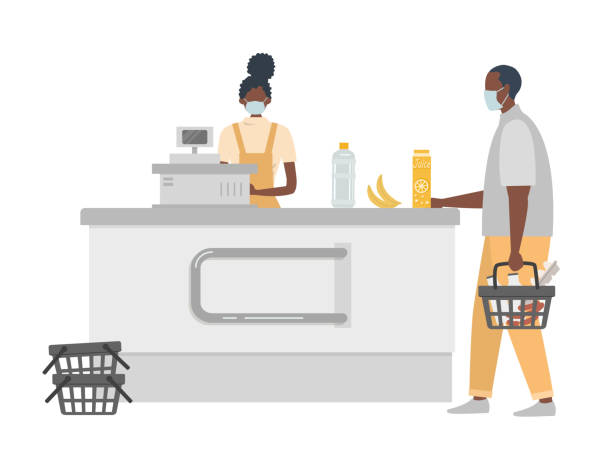 ilustrações de stock, clip art, desenhos animados e ícones de supermarket cashier during coronovirus epidemic. young black woman in a medical mask stands behind a cash register. customer is also wearing a protective mask - supermarket worker