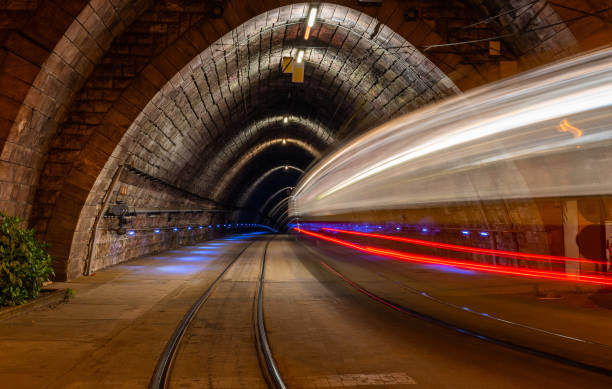 istock Bratislava Tram tunnel under the castle with light trail. 1224036490