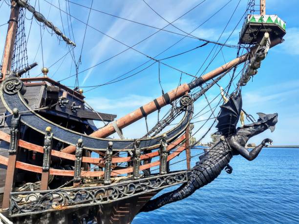 Old wooden pirate sailing ship viewed from starboard side. Isolated 3D rendering.