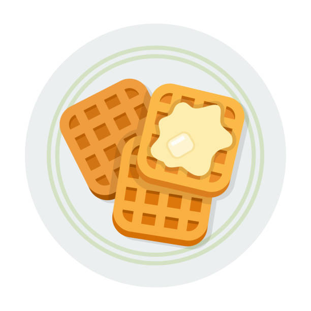 ilustrações, clipart, desenhos animados e ícones de waffles quadrados com ícone vetor de manteiga plana isolada - waffle breakfast syrup plate