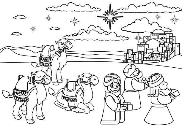 Wise Men Christmas Nativity Scene Cartoon A Christmas nativity scene coloring cartoon, with with three wise men or magi and their camels arriving with their gifts. The City of Bethlehem and star above. Christian religious illustration. christmas three wise men camel christianity stock illustrations