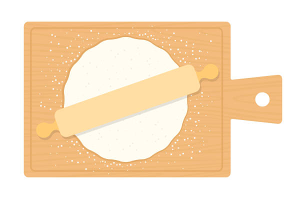 ilustrações de stock, clip art, desenhos animados e ícones de round piece of dough on board with rolling pin vector flat isolated - dough sphere kneading bread