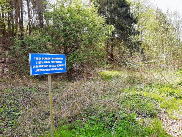 istock Indirect protection area for underground water intake. Forest, sign. 1224040874