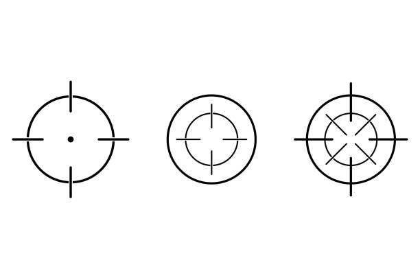 illustrazioni stock, clip art, cartoni animati e icone di tendenza di simbolo di croce di mira o di destinazione in cerchio. illustrazione del segno dell'arma del cecchino o del colpo di fucile. punta il bullseye in design piatto in stile contorno. arma da gioco ottica. mira alla vista per la caccia. vettore eps 10. - rifle shooting target shooting hunting