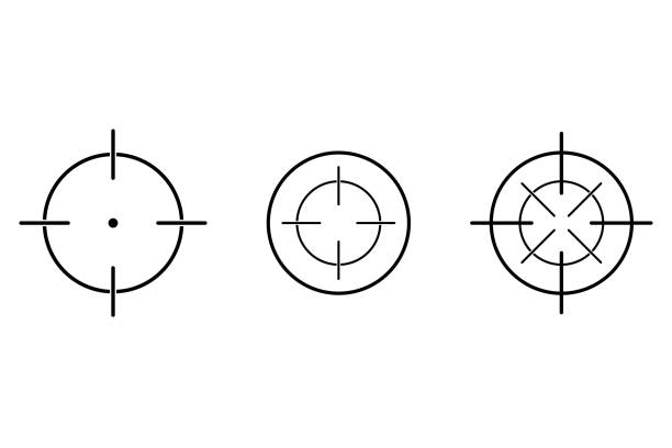 円でのクロス シンボルを目指すか、または目標を設定します。狙撃や鋭利なシューターの武器サインのイラスト。●アウトラインスタイルでフラットなデザインでブルズアイを目指す。光学 - crosshair gun rifle sight aiming点のイラスト素材／クリップアート素材／マンガ素材／アイコン素材