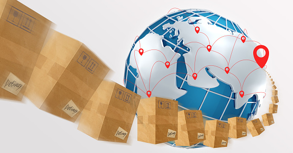 International delivery concept. Collage with parcel boxes flying to their destination on planet Earth, white background. Panorama