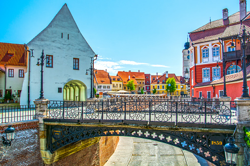 Sibiu, Transylvania, Romania, the Liars Bridge and view of Small Square and Council Tower