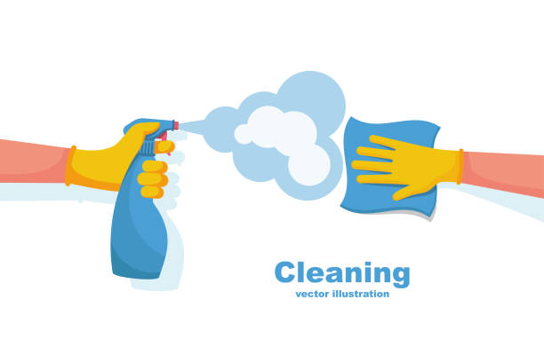 Surface cleaning in house. Cleaning with spray detergent. Surface cleaning in house. Cleaning with spray detergent. Spraying antibacterial sanitizing spray. Prevention coronavirus COVID-19. Napkin in the hands. Protective rubber gloves. Hygiene home vector. service illustrations stock illustrations