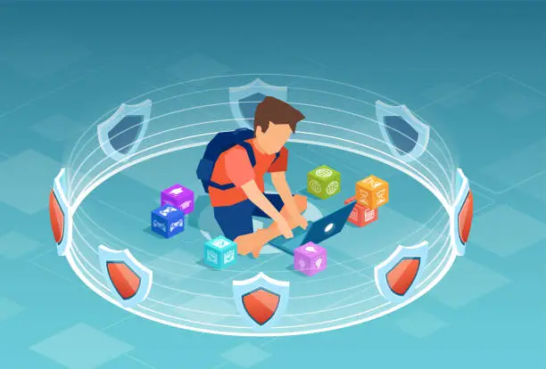 Vector illustration of Vector of a boy, student using laptop computer surrounded by 3d shields, software protection
