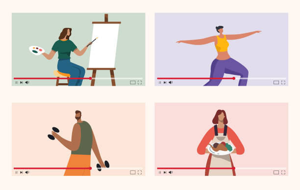 illustrazioni stock, clip art, cartoni animati e icone di tendenza di vivi sui social media per mostrare abilità. pittura livestream, cuoco, yoga ed esercizio fisico. resta a casa e impara qualcosa di nuovo. fare attività a casa. lezioni su youtube, - vector illustration and painting food cooking