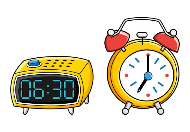Digital and retro alarm clock Yellow digital and retro alarm clock isolated alarm clock illustrations stock illustrations