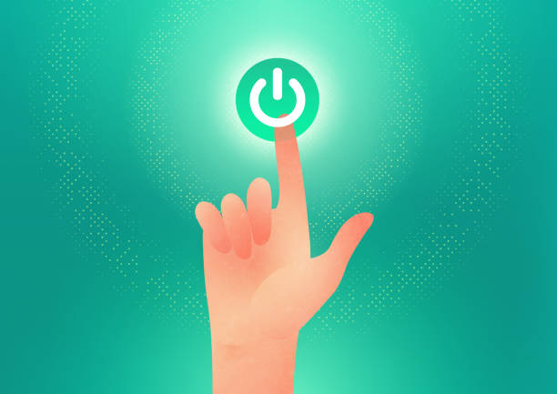istock Male hand indicating power on icon using finger switching on power button on green background with space for headline and text. 1224047138
