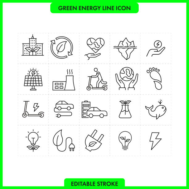 녹색 에너지 선 아이콘 세트입니다. 편집 가능한 스트로크 - global warming pollution deforestation carbon dioxide stock illustrations
