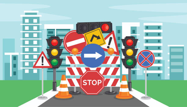 ilustrações, clipart, desenhos animados e ícones de conceito de tráfego com luzes e equipamentos - one way stop stop sign street