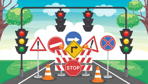 ilustrações, clipart, desenhos animados e ícones de conceito de tráfego com luzes e equipamentos - one way stop stop sign street